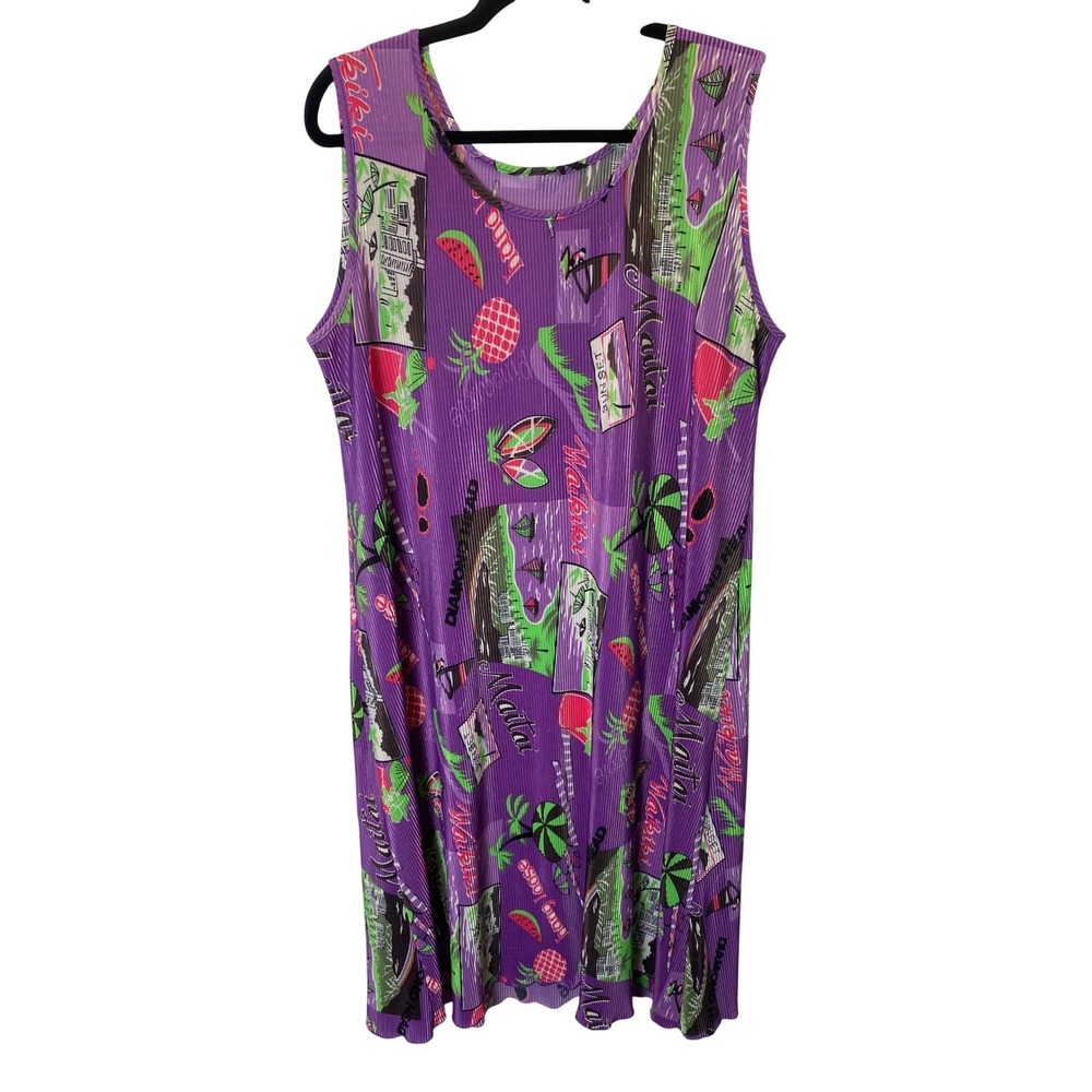 Vintage Fashion Code Tropical Dress Women L Purple Swim Coverup Micro Pleated